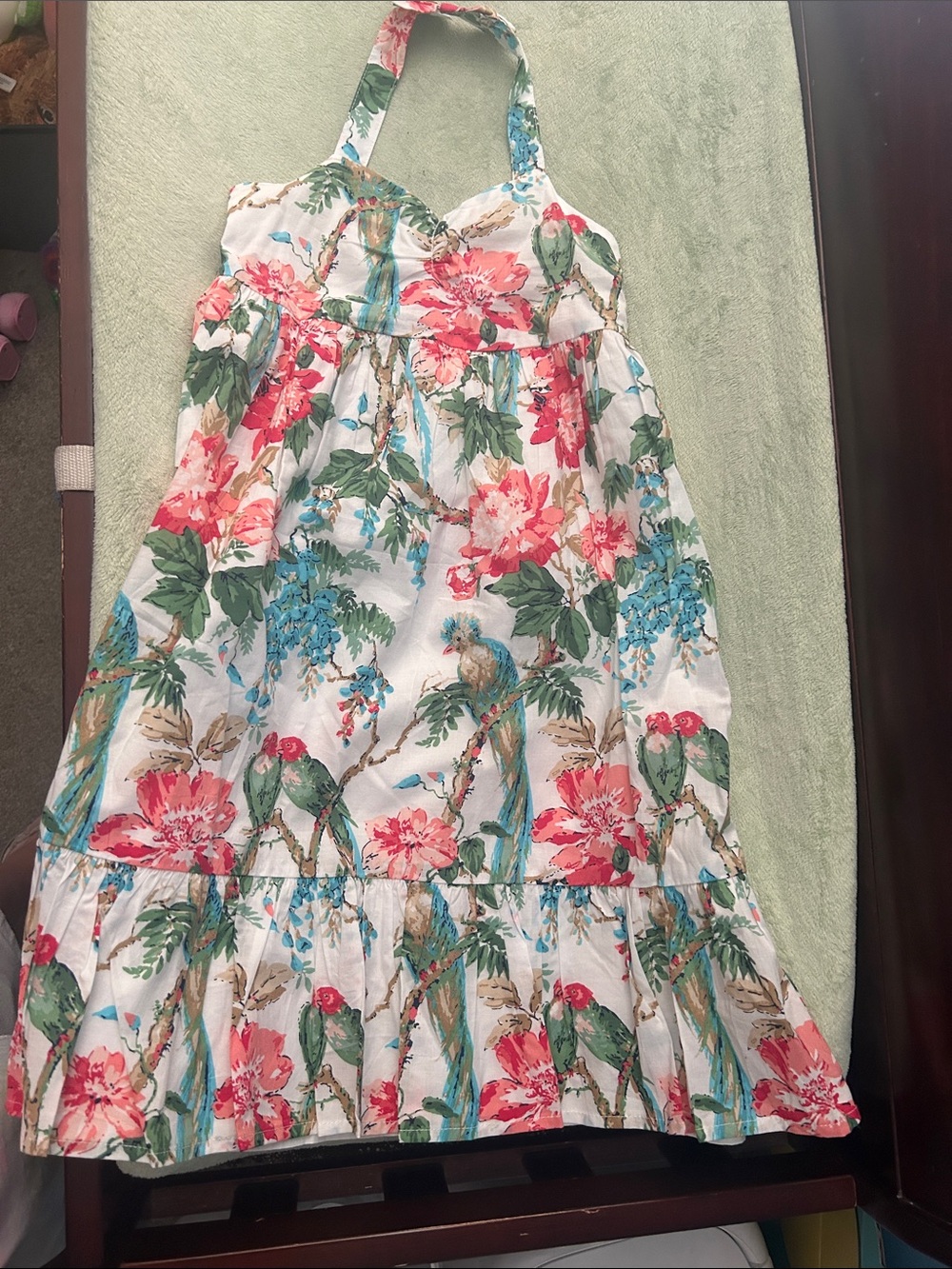 Janie and Jack White Halter Dress with Pink Floral & Green Leaf Print
